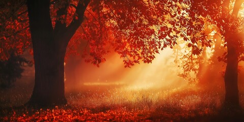 Sunlight creates a warm, golden glow as it filters through red autumn leaves, highlighting the beauty of the season.