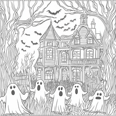 Halloween Coloring Page: Spooky and Fun Haunted House with Bats and Ghosts - Clean Line Art for All Ages - Black and white - Printable pages 