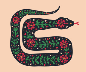 Snake with flower pattern. Cartoon poisonous ornamental snake, colorful Chinese New Year snake zodiac sign flat vector illustration. Hand drawn snake silhouette