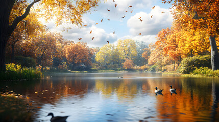 Obraz premium Tranquil Autumn Pond with Ducks