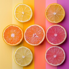 Fototapeta premium Colorful slices of lemon, grapefruit, and orange on a bright, multi-colored background, showcasing fresh and vibrant contrast.