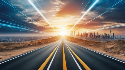 Obraz premium Futuristic Road Leading to a Modern City at Sunset with Technological Elements