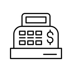 A simple illustration of a cash register with a display screen and buttons.