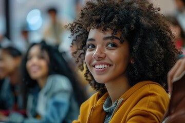 Fototapeta premium A happy woman with curly hair poses with a warm smile, ideal for lifestyle or personal use