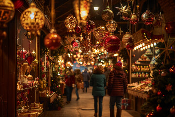 Obraz premium A busy Christmas market with people walking around and a lot of decorations