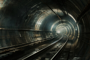 A dark tunnel with a train in the middle