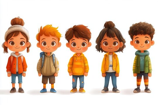 whimsical illustration set of diverse cartoon children with exaggerated features vibrant colors and playful expressions in various poses