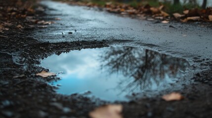 Obraz premium A small puddle reflects the sky after a rain shower.