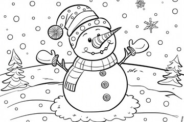 A cheerful snowman with a striped hat and scarf, surrounded by snowflakes and evergreen trees, perfect for holiday coloring fun.