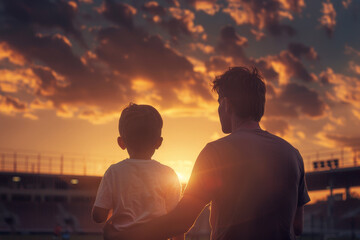 A man and a boy are looking at the sun as it sets