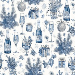 New Year, Christmas,Toile de Jouy style, seamless pattern with champagne glasses, bottles and gifts. 