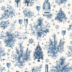 New Year, Christmas,Toile de Jouy style, seamless pattern with champagne glasses, bottles and gifts. 