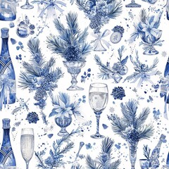 New Year, Christmas,Toile de Jouy style, seamless pattern with champagne glasses, bottles and gifts. 