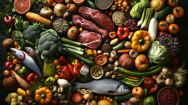Gem&uuml;se, Salat, Obst, Fisch und Fleisch f&uuml;r eine gesunde und ausgewogene Ern&auml;hrung, Risikofaktoren f&uuml;r die Gesundheit mit gutem und gesunden Essen reduzieren