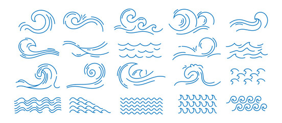 Line water wave. Simple sea linear icons, ocean storm wave and splashes abstract doodle symbols. Wavy blue river stream, surf logo elements, marine nautical vector isolated signs. © Frogella.stock