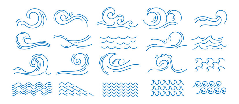 Line water wave. Simple sea linear icons, ocean storm wave and splashes abstract doodle symbols. Wavy blue river stream, surf logo elements, marine nautical vector isolated signs.