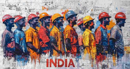 Graffiti image of  Indian workforce in front of Indian Architecture with "India" written on it, Concept of celebrating Indian citizens and patriotism with modern art