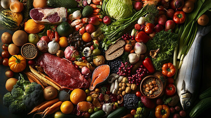 Gemüse, Salat, Obst, Fisch und Fleisch für eine gesunde und ausgewogene Ernährung, Risikofaktoren für die Gesundheit mit gutem und gesunden Essen reduzieren