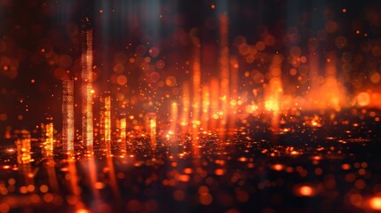 Abstract city skyline with red bokeh lights and spotlights.