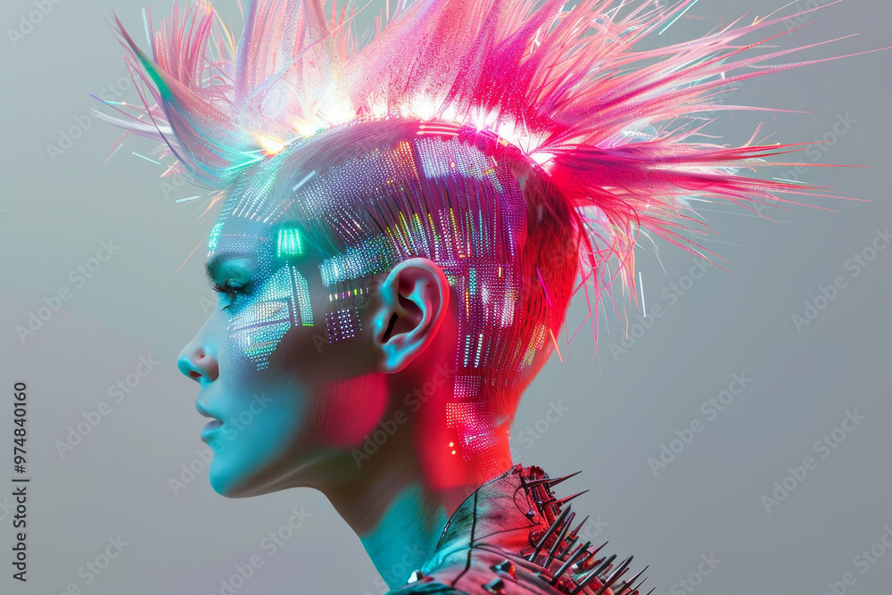 Poster a woman with a pink and purple head has a futuristic look