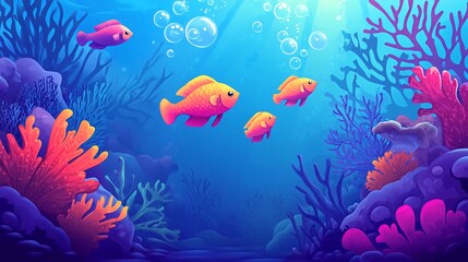 Fototapeta premium A vibrant underwater scene with colorful coral reefs and tropical fish swimming in the blue water.