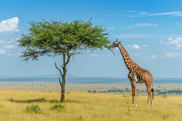 Fototapeta premium A giraffe is eating leaves from a tree in a grassy field