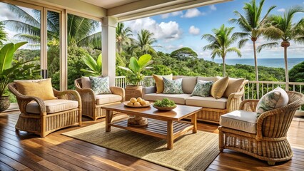 Fototapeta premium Coastal-inspired, budget-friendly furniture pieces, such as woven wicker armchairs and reclaimed wood coffee tables,