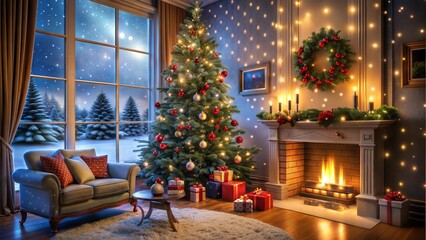 A beautifully decorated Christmas tree in a cozy living room with a fireplace, gifts underneath, and snow falling outside the window