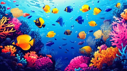 A vibrant underwater scene with colorful coral reefs and fish swimming in the blue water.