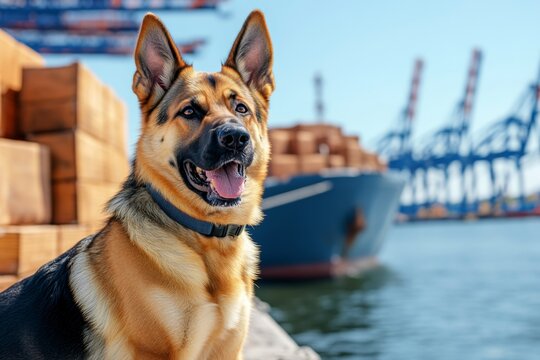 K-9 Dogs in Maritime Operations visualized in a security infographic, highlighting how K-9 units are deployed to detect contraband on ships and boats
