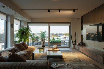 A living room with a large window overlooking the city