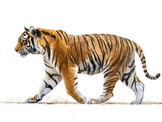 Obraz premium Side view of a tiger. Walking forward, white background. Digital painting