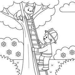 Firefighter saving a cat on a tree  outline coloring page. Labor Day illustration