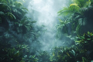 Obraz premium Mystical Jungle Path: Lush Greenery and Foggy Ambiance