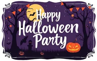 A spooky Halloween party invitation with orange pumpkins and bats on a purple background. 
