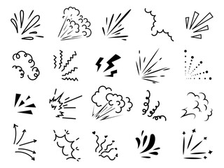 Doodle radial line rays. Hand drawn round corner shine. Sunburst sparkle element. Sun burst doodle icon. Explosion frame. Idea and exclamation symbol. Vector illustration isolated on white background.