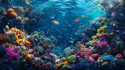 Fototapeta premium A vibrant underwater scene with colorful coral reefs and a variety of tropical fish swimming.