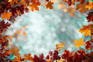 A frame of autumn leaves with a blue background