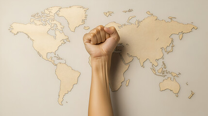 Empowering women power, human rights and labor day concept with strong fist hand on world map