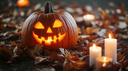 A carved jack-o-lantern with a glowing face surrounded by lit candles and autumn leaves, creating a warm and spooky Halloween atmosphere