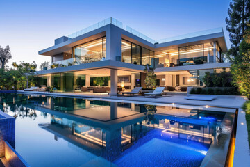 A large house with a pool and a glass wall