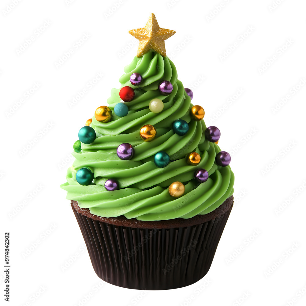 Wall mural christmas tree cupcake isolated on transparent background generative ai.