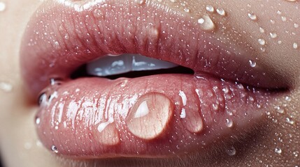 Detailed close-up of lips with natural color, highlighting small water droplets and skin texture