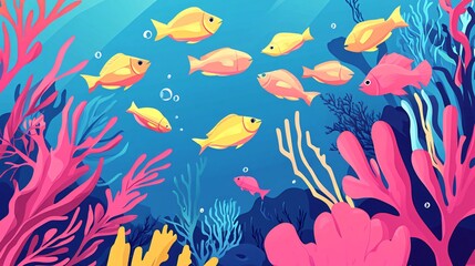 Fototapeta premium A vibrant underwater scene with a school of yellow fish swimming among colorful coral reefs and seaweed.