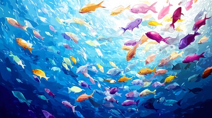 Fototapeta premium A vibrant underwater scene with a school of colorful fish swimming in the blue water. The light shines down from above, creating a shimmering effect.