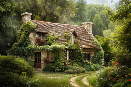 A house with a lot of greenery surrounding it