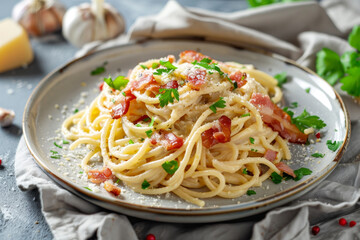 A plate of pasta with bacon and parsley on top