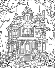 Halloween Coloring Page: Spooky and Fun Haunted House with Bats - Clean Line Art for All Ages - Black and white - Printable pages 