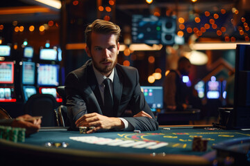 Fototapeta premium A man in a suit is sitting at a poker table