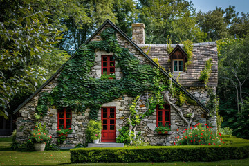 A small house with a red door and a green roof